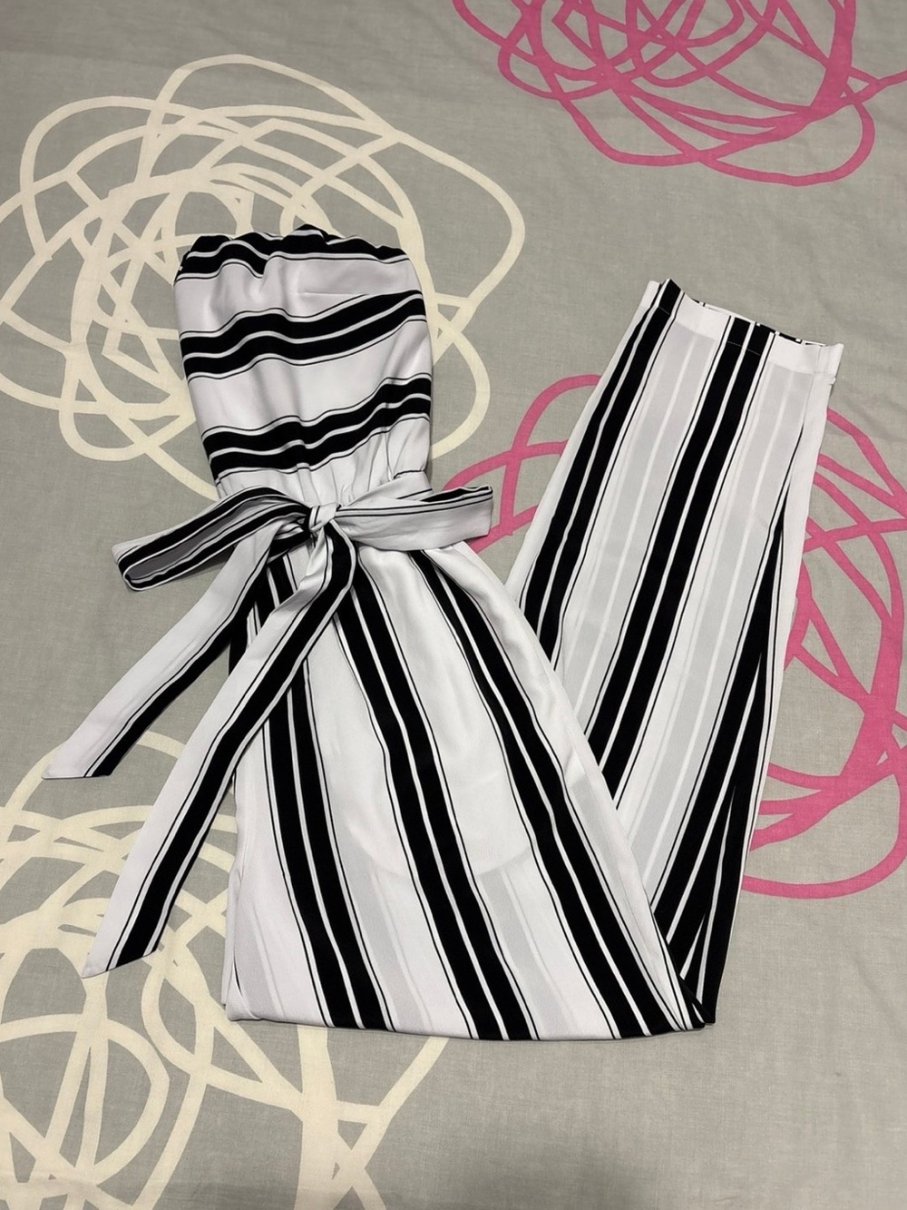Express White and Black Pinstripe Strapless Jumpsuit